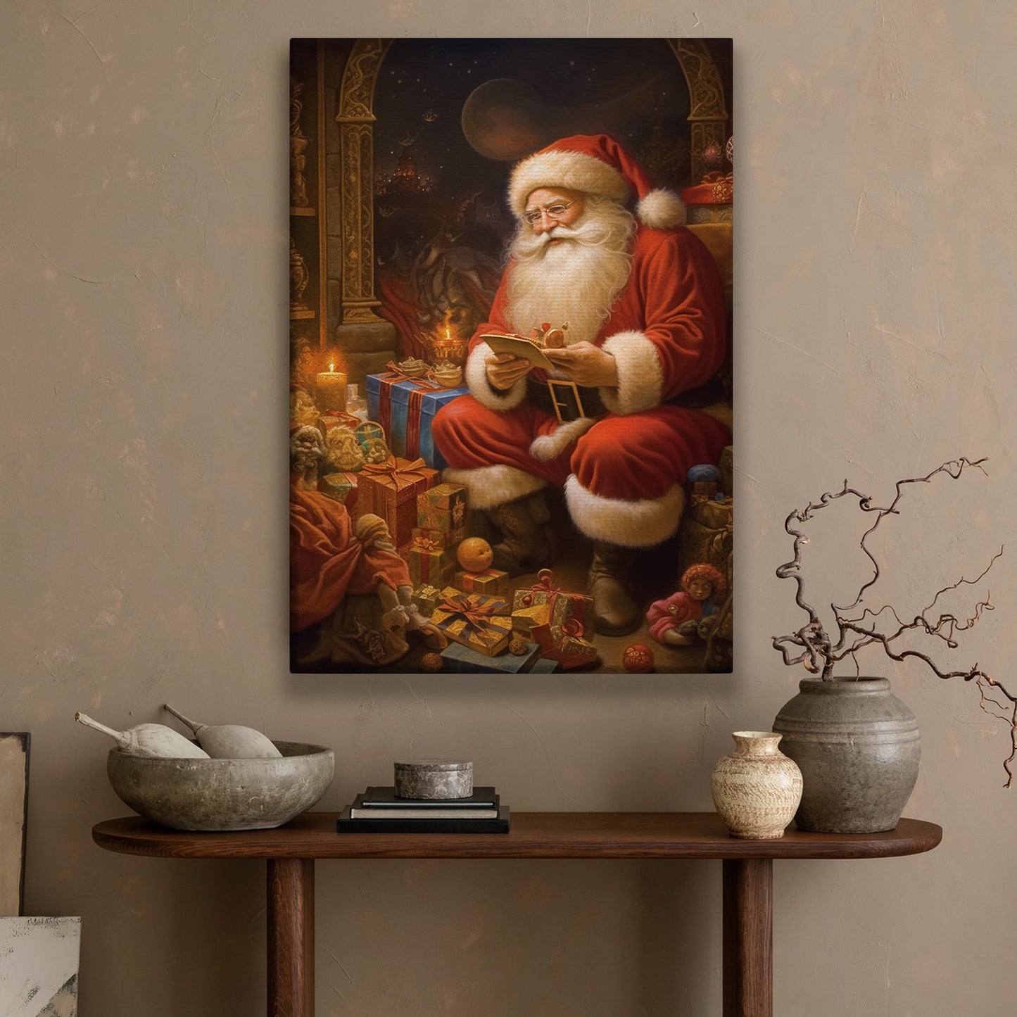 Santa Claus Sitting In Front Of A Pile Of Presents, Christmas Canvas Painting, Xmas Wall Art Decor - Christmas Poster Gift