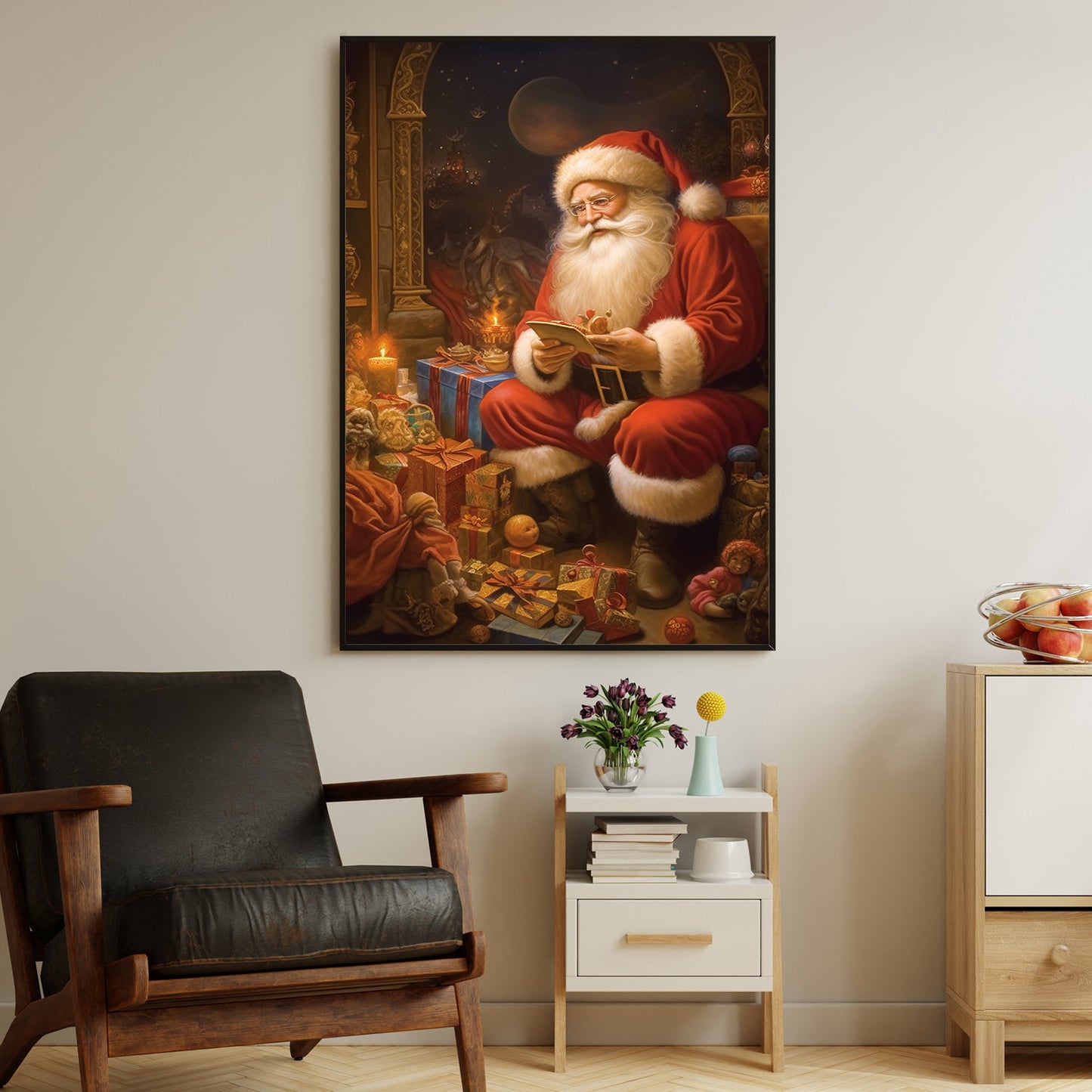 Santa Claus Sitting In Front Of A Pile Of Presents, Christmas Canvas Painting, Xmas Wall Art Decor - Christmas Poster Gift