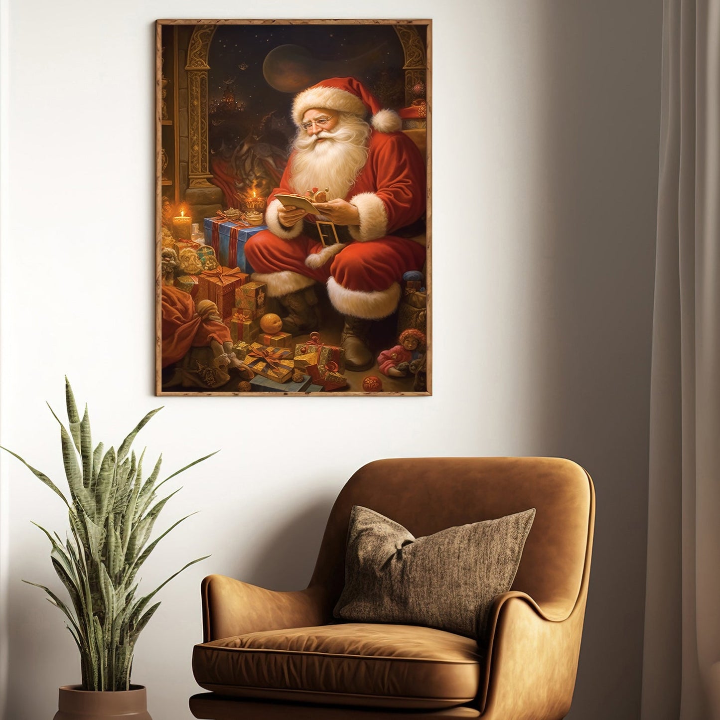 Santa Claus Sitting In Front Of A Pile Of Presents, Christmas Canvas Painting, Xmas Wall Art Decor - Christmas Poster Gift