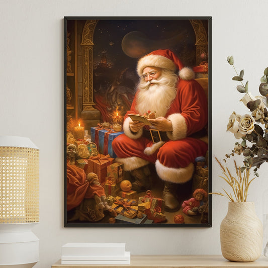 Santa Claus Sitting In Front Of A Pile Of Presents, Christmas Canvas Painting, Xmas Wall Art Decor - Christmas Poster Gift