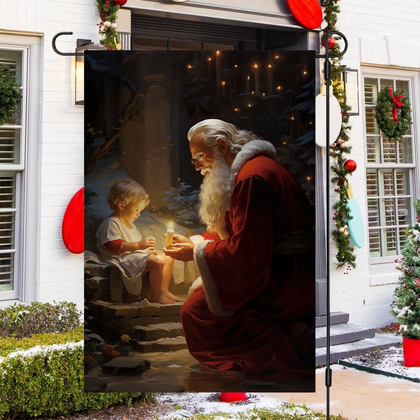 Santa Claus Talk With Youth Kid, Santa Claus Xmas Garden Flag - House Flag, Christmas Flag Gift For Santa Claus Lovers