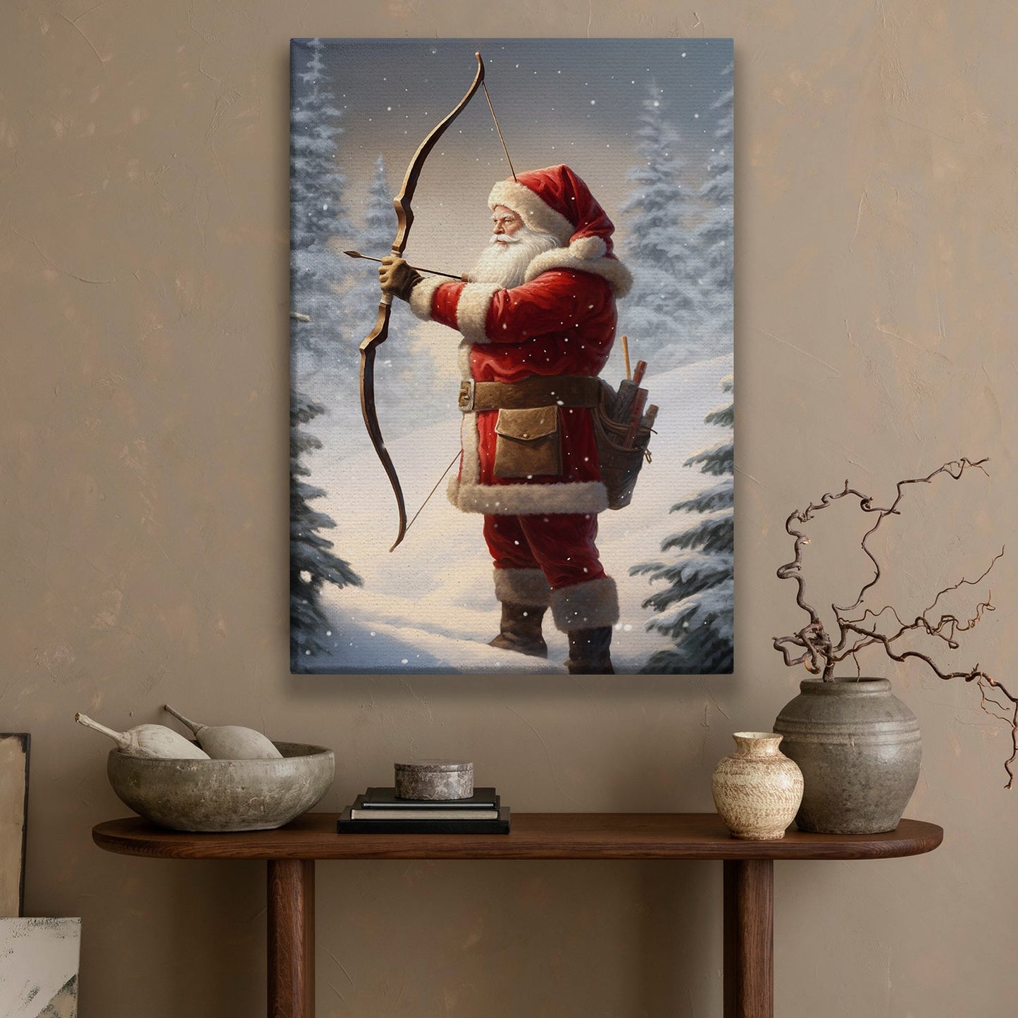 Santa Claus Holding A Bow And Arrow In A Snowy Forest, Christmas Canvas Painting, Xmas Wall Art Decor - Christmas Poster Gift For Archery Lovers