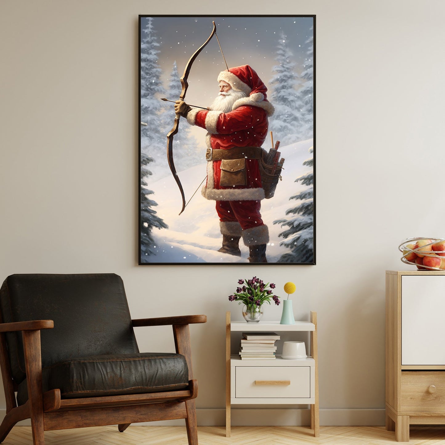 Santa Claus Holding A Bow And Arrow In A Snowy Forest, Christmas Canvas Painting, Xmas Wall Art Decor - Christmas Poster Gift For Archery Lovers