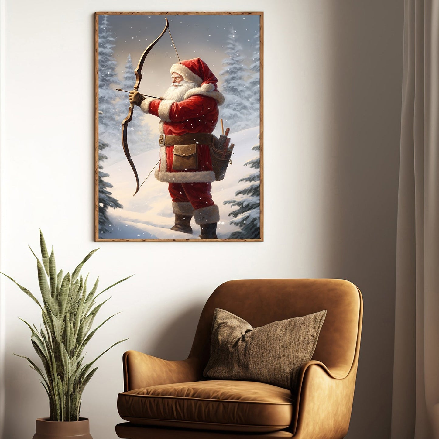 Santa Claus Holding A Bow And Arrow In A Snowy Forest, Christmas Canvas Painting, Xmas Wall Art Decor - Christmas Poster Gift For Archery Lovers