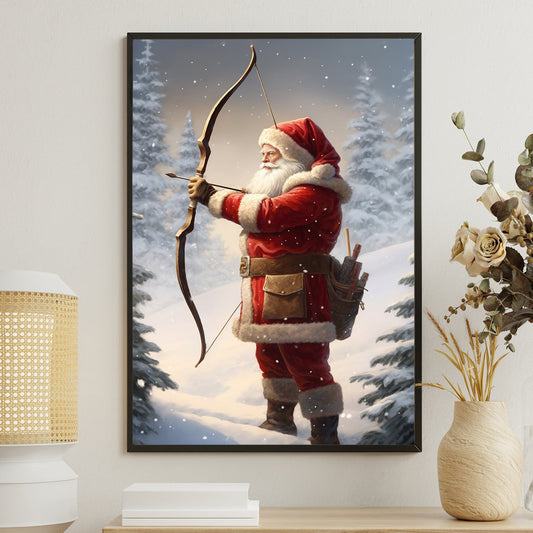 Santa Claus Holding A Bow And Arrow In A Snowy Forest, Christmas Canvas Painting, Xmas Wall Art Decor - Christmas Poster Gift For Archery Lovers