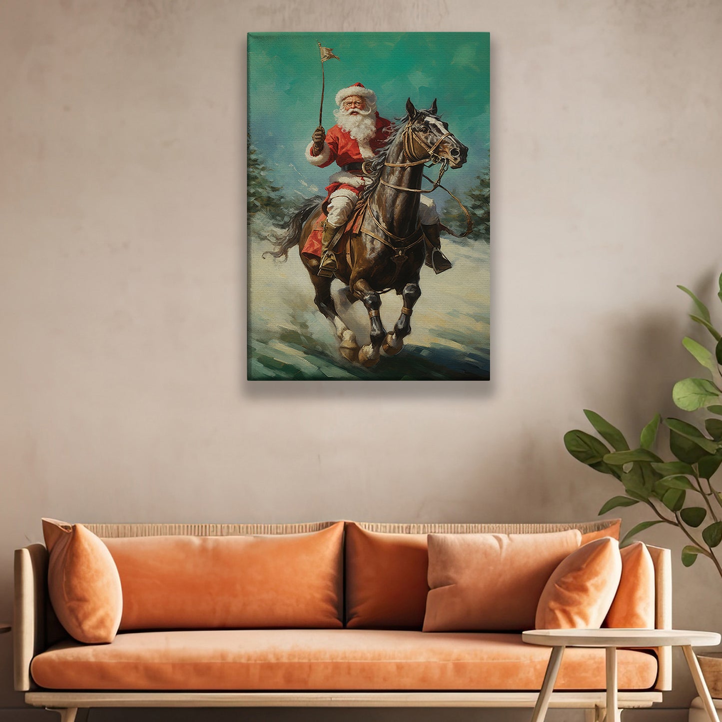 Santa Claus Ride A Horse, Christmas Canvas Painting, Christmas