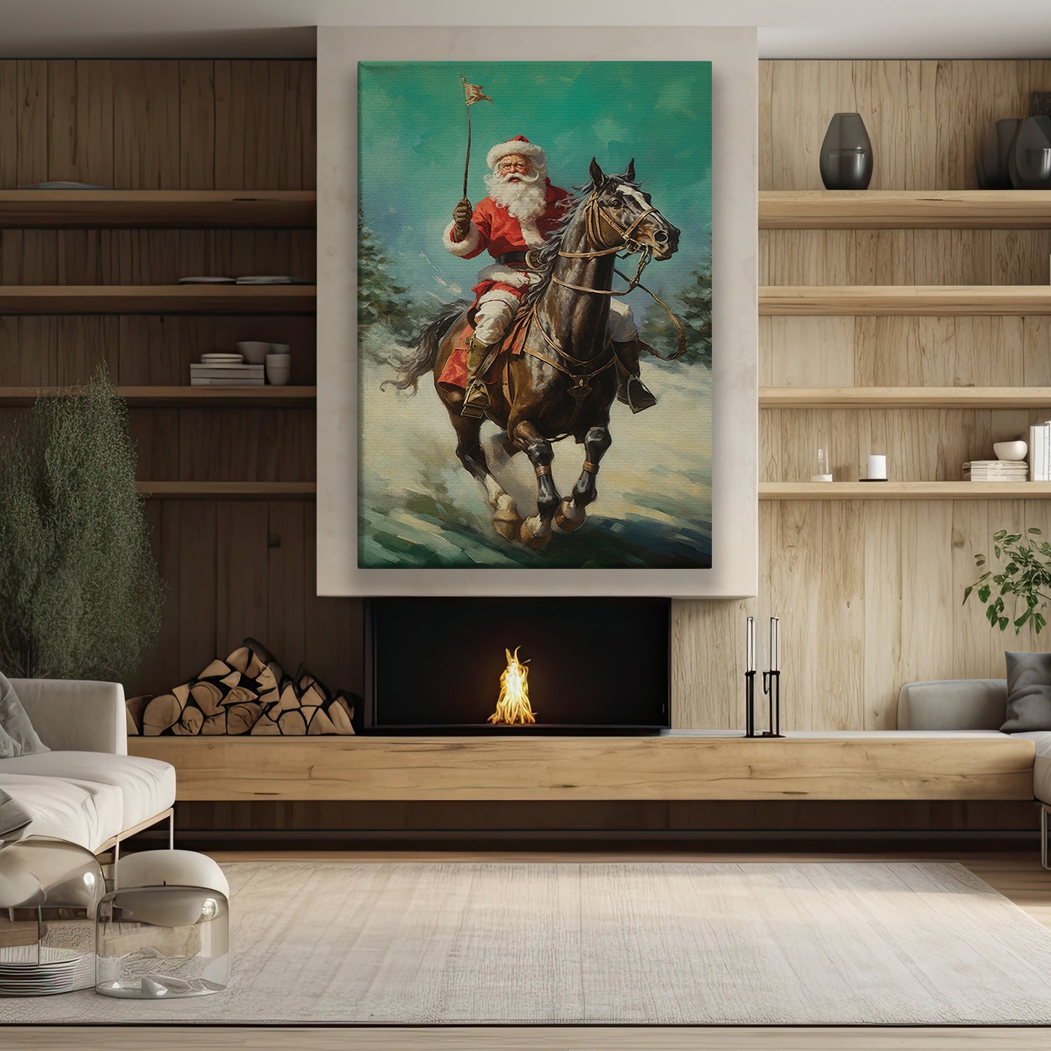 Santa Claus Ride A Horse, Christmas Canvas Painting, Christmas