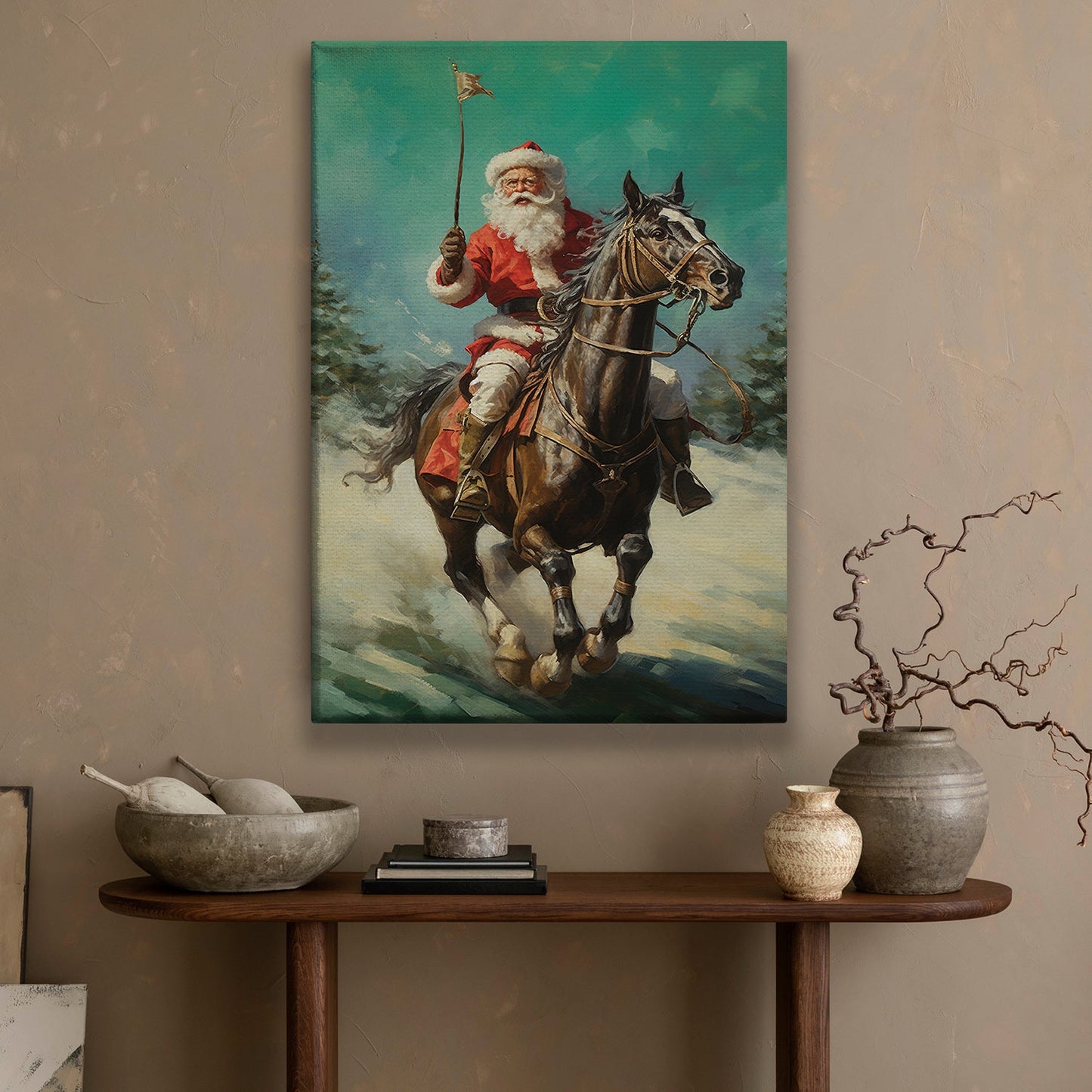 Santa Claus Ride A Horse, Christmas Canvas Painting, Christmas Canvas Painting, Xmas Wall Art Decor - Christmas Poster Gift For Horse Lovers