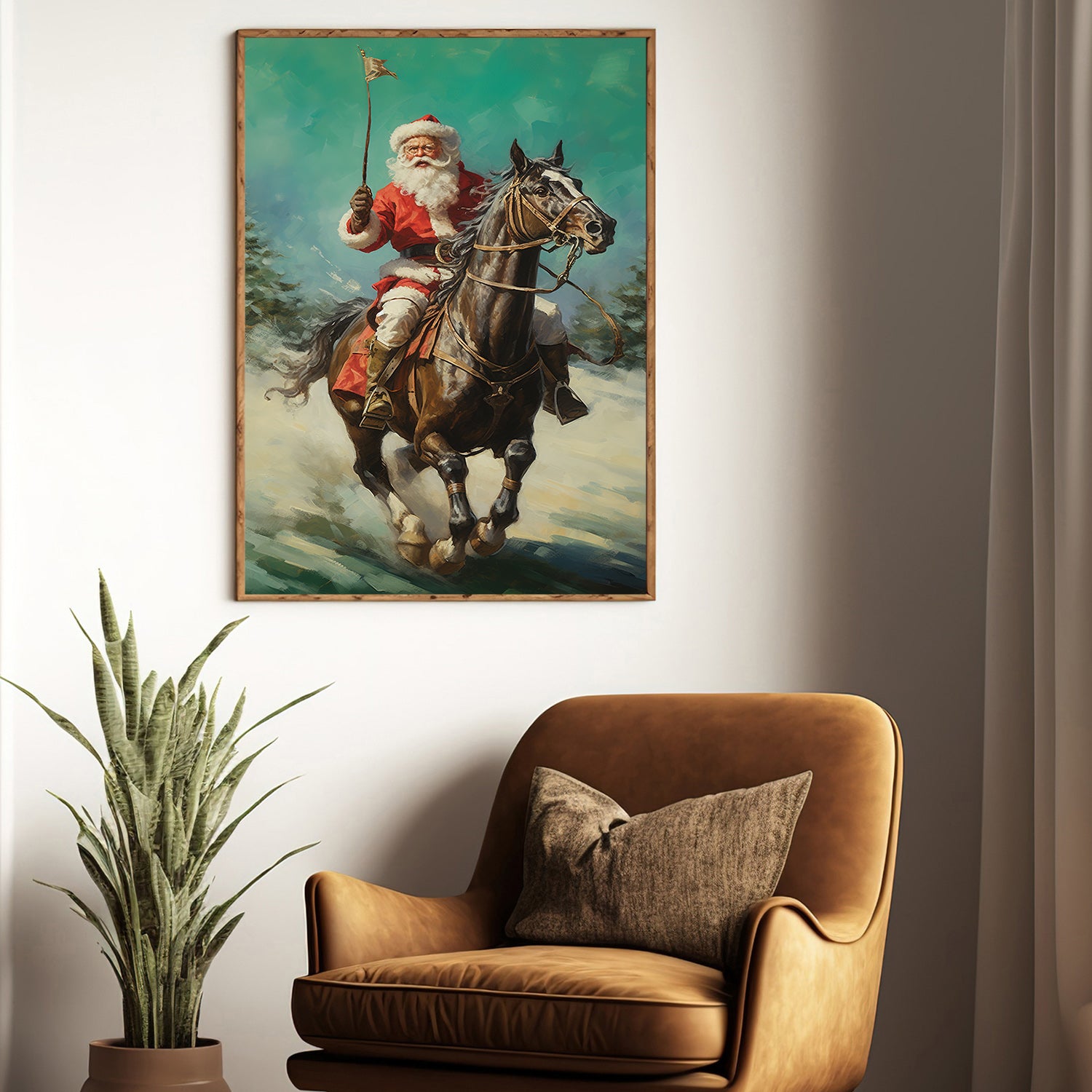 Christmas Santa Claus' w/ Horses Canvas Wall Art Painting Artwork 24x36 inch, Size: 24 x 36