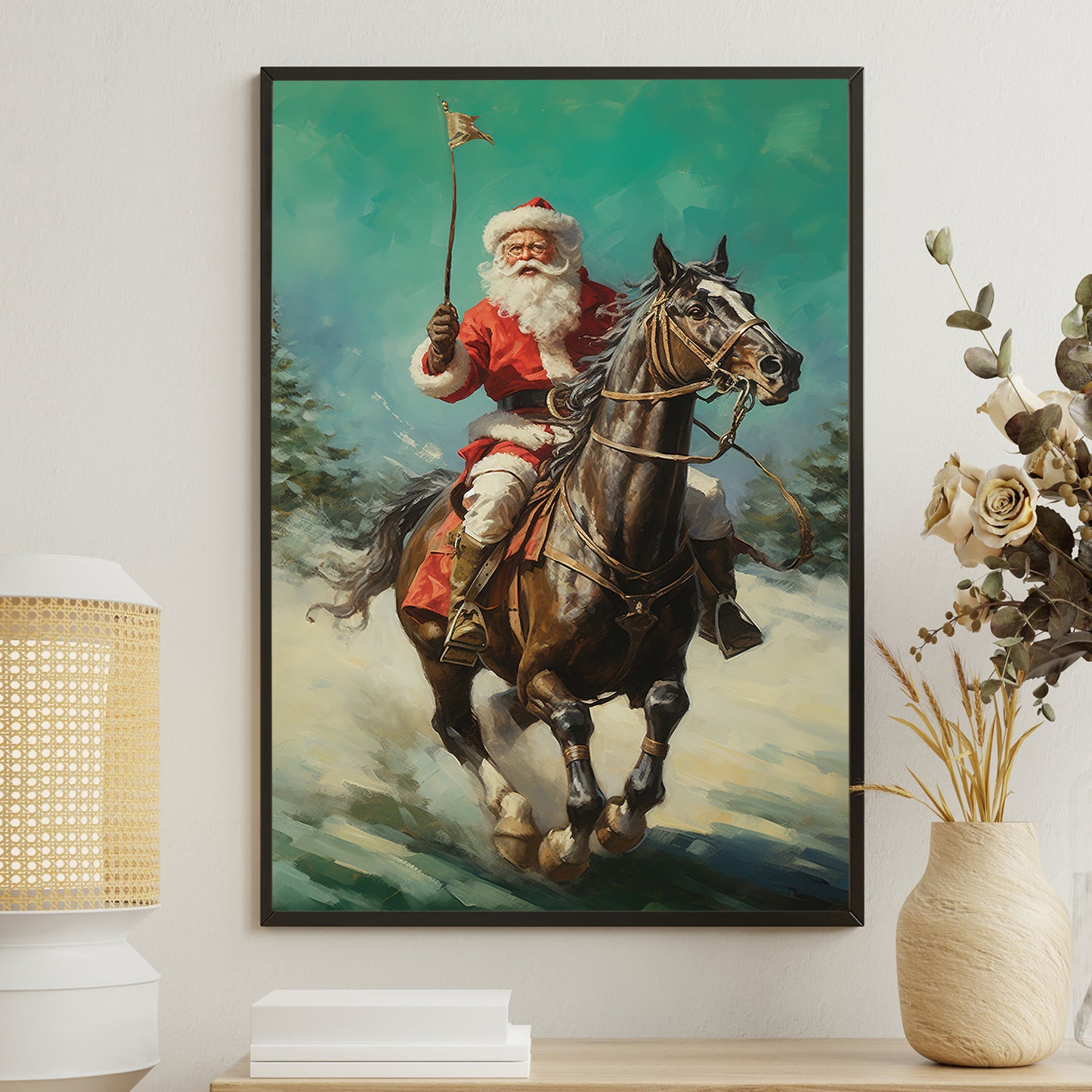 Christmas Santa Claus' w/ Horses Canvas Wall Art Painting Artwork 24x36 inch, Size: 24 x 36