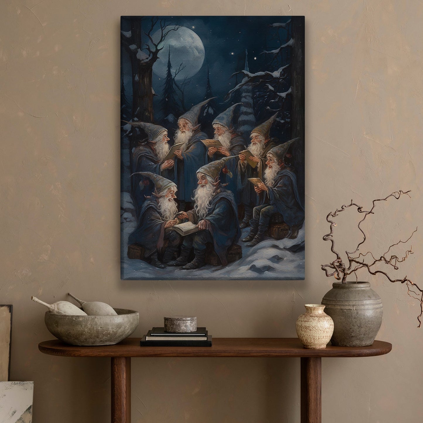 Gnomes Are Sitting Together In Forest At Night, Christmas Canvas Painting, Xmas Wall Art Decor - Christmas Poster Gift For Gnome Lovers