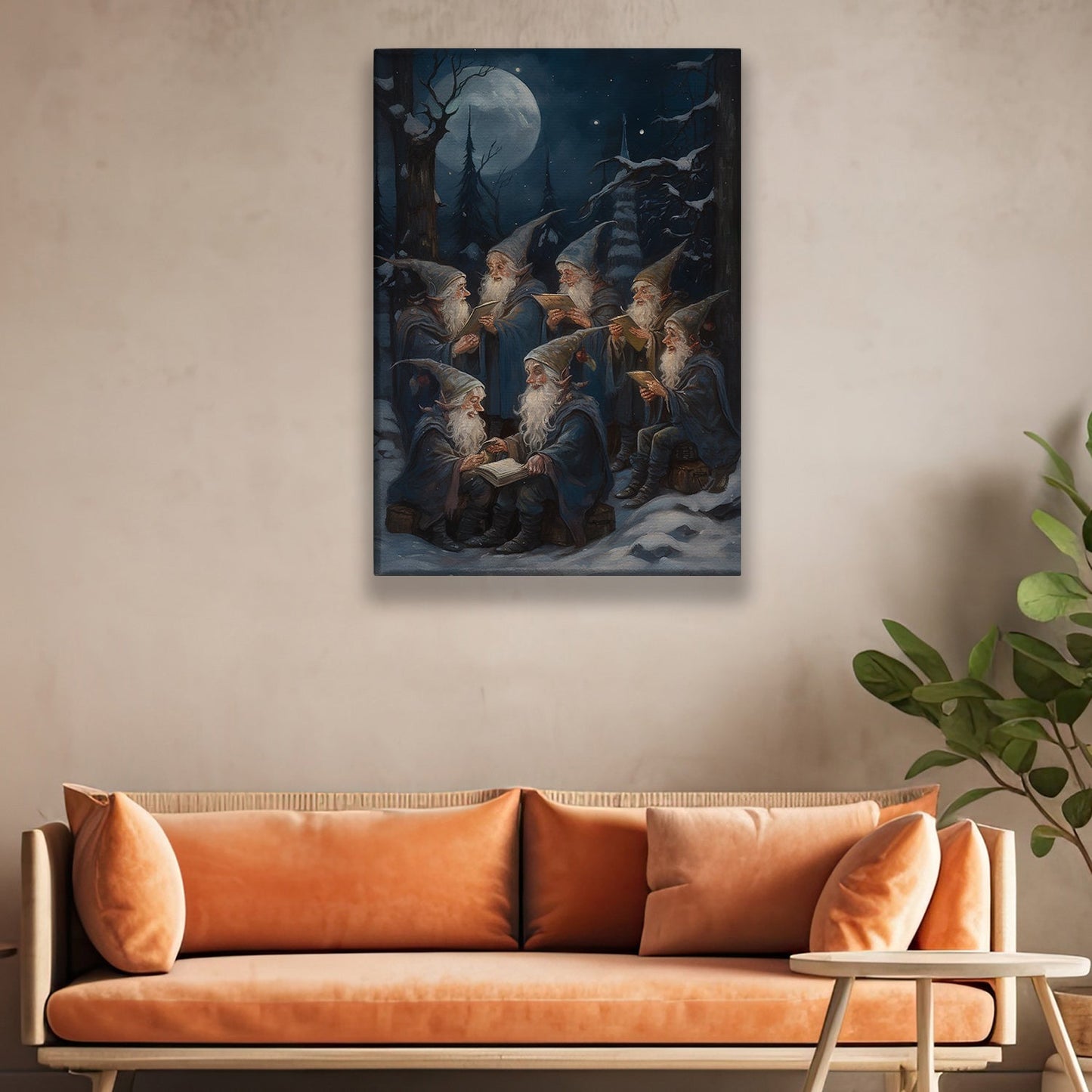 Gnomes Are Sitting Together In Forest At Night, Christmas Canvas Painting, Xmas Wall Art Decor - Christmas Poster Gift For Gnome Lovers