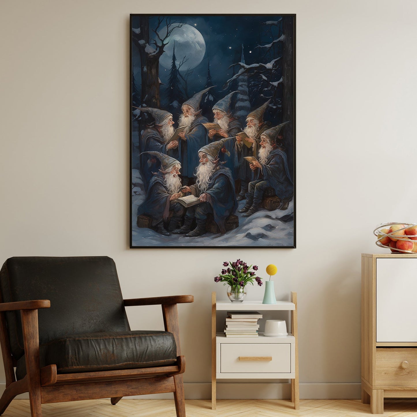 Gnomes Are Sitting Together In Forest At Night, Christmas Canvas Painting, Xmas Wall Art Decor - Christmas Poster Gift For Gnome Lovers