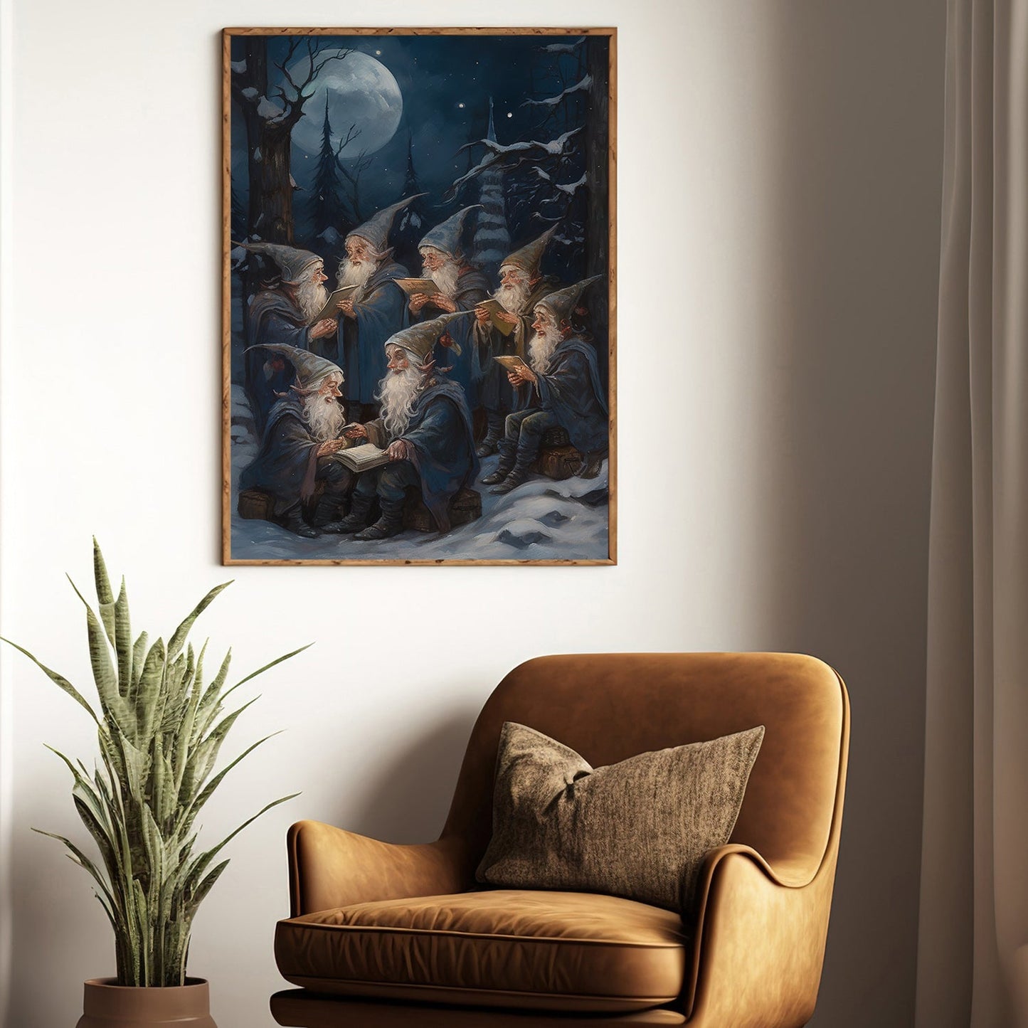 Gnomes Are Sitting Together In Forest At Night, Christmas Canvas Painting, Xmas Wall Art Decor - Christmas Poster Gift For Gnome Lovers