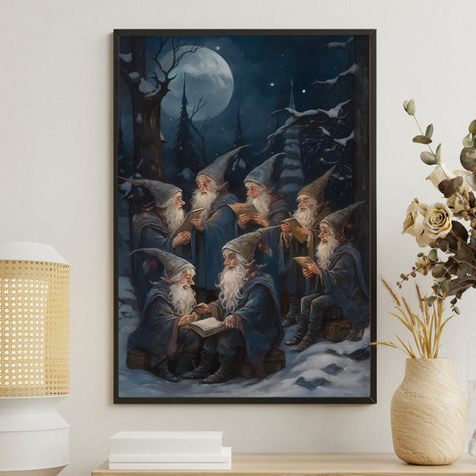 Gnomes Are Sitting Together In Forest At Night, Christmas Canvas Painting, Xmas Wall Art Decor - Christmas Poster Gift For Gnome Lovers