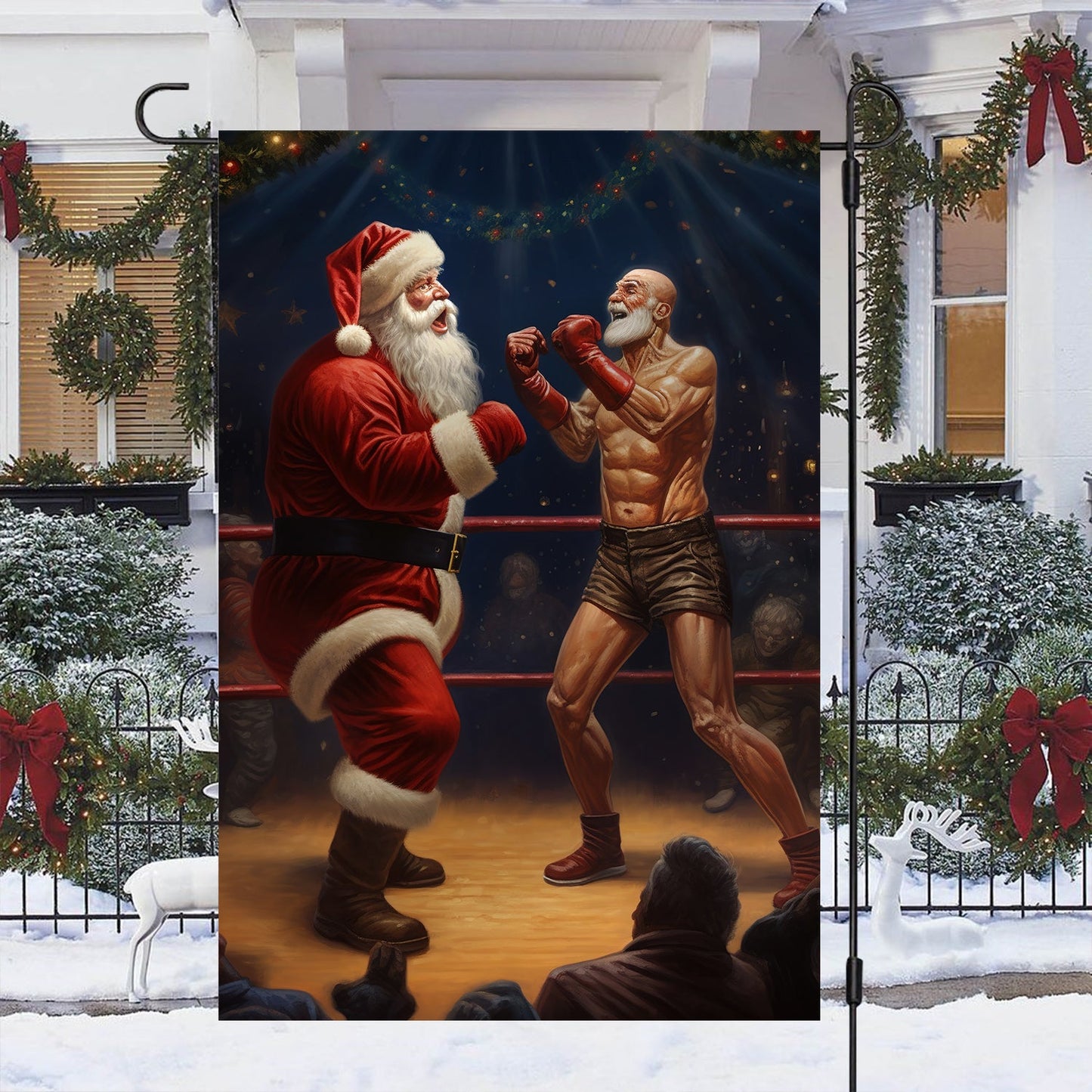 Funny Wrestling Santa, Santa Claus Xmas Garden Flag & House Flag, Christmas Flag Gift For Santa Claus Lovers