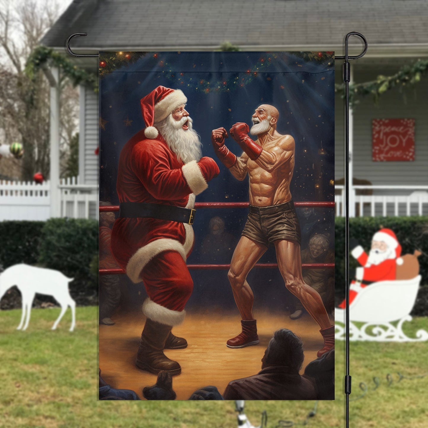 Funny Wrestling Santa, Santa Claus Xmas Garden Flag & House Flag, Christmas Flag Gift For Santa Claus Lovers