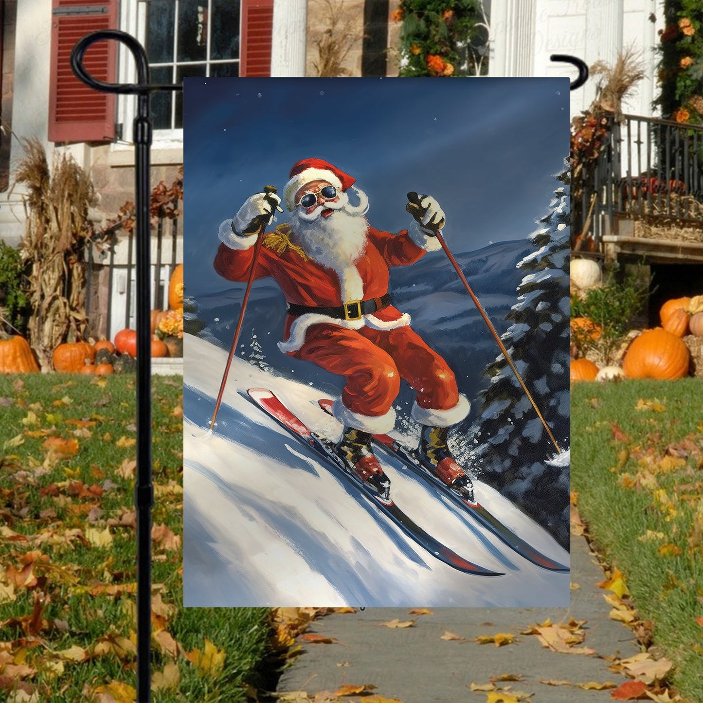 Santa Claus Skiing, Santa Claus Xmas Garden Flag & House Flag, Christmas Flag Gift For Santa Claus Lovers