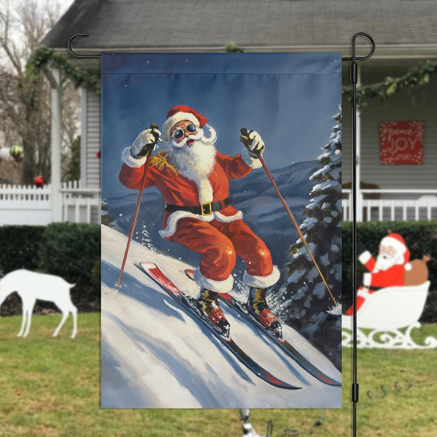 Santa Claus Skiing, Santa Claus Xmas Garden Flag & House Flag, Christmas Flag Gift For Santa Claus Lovers