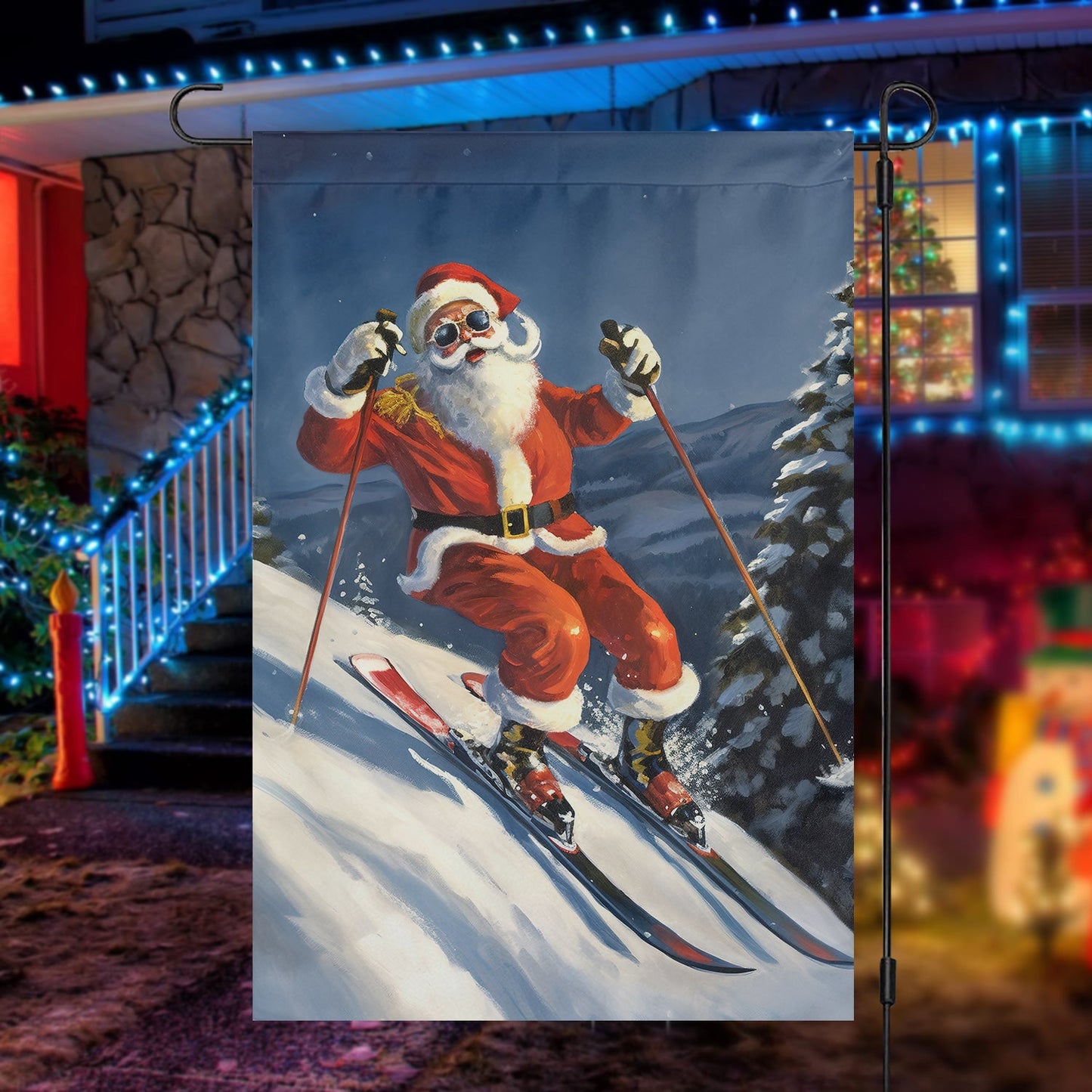 Santa Claus Skiing, Santa Claus Xmas Garden Flag & House Flag, Christmas Flag Gift For Santa Claus Lovers