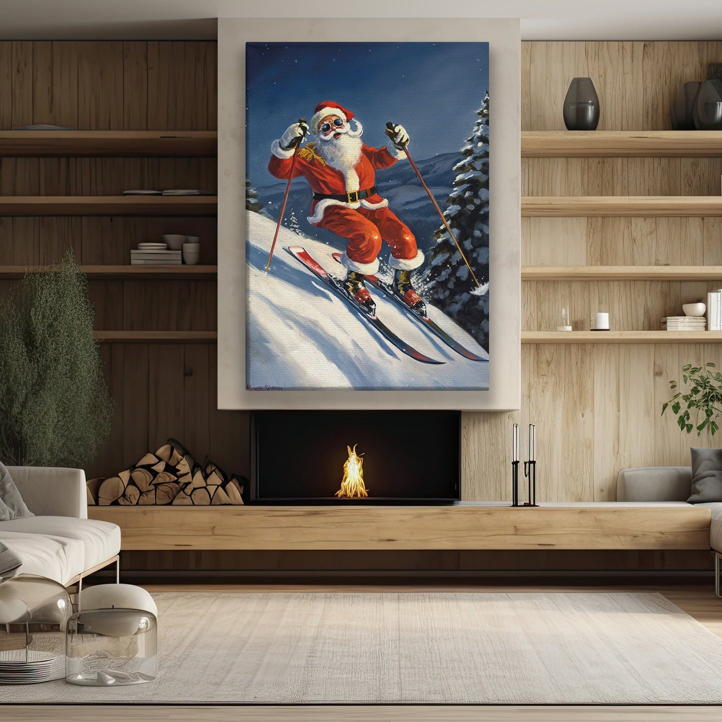 Santa Claus Is Skiing Down a Snowy Slope, Christmas Canvas Painting, Xmas Wall Art Decor - Christmas Poster Gift For Skiing Lovers