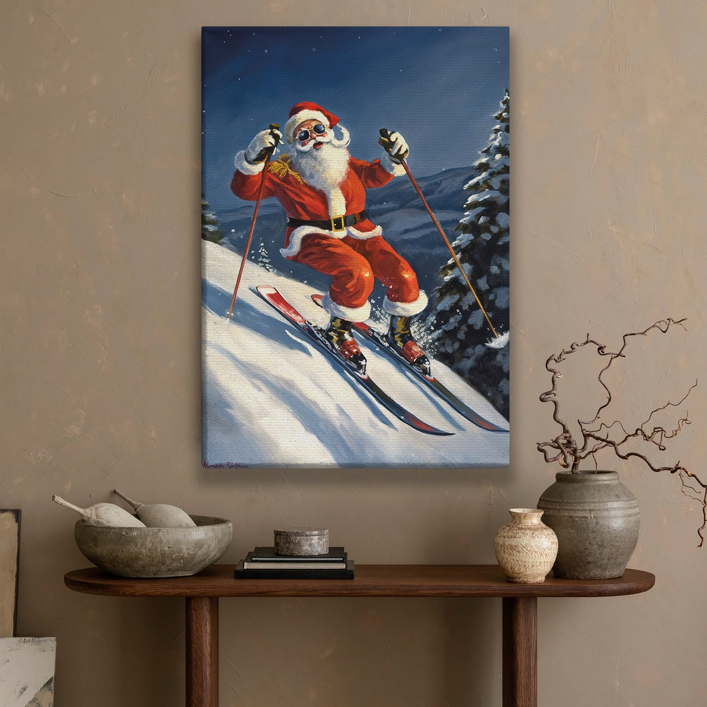 Santa Claus Is Skiing Down a Snowy Slope, Christmas Canvas Painting, Xmas Wall Art Decor - Christmas Poster Gift For Skiing Lovers