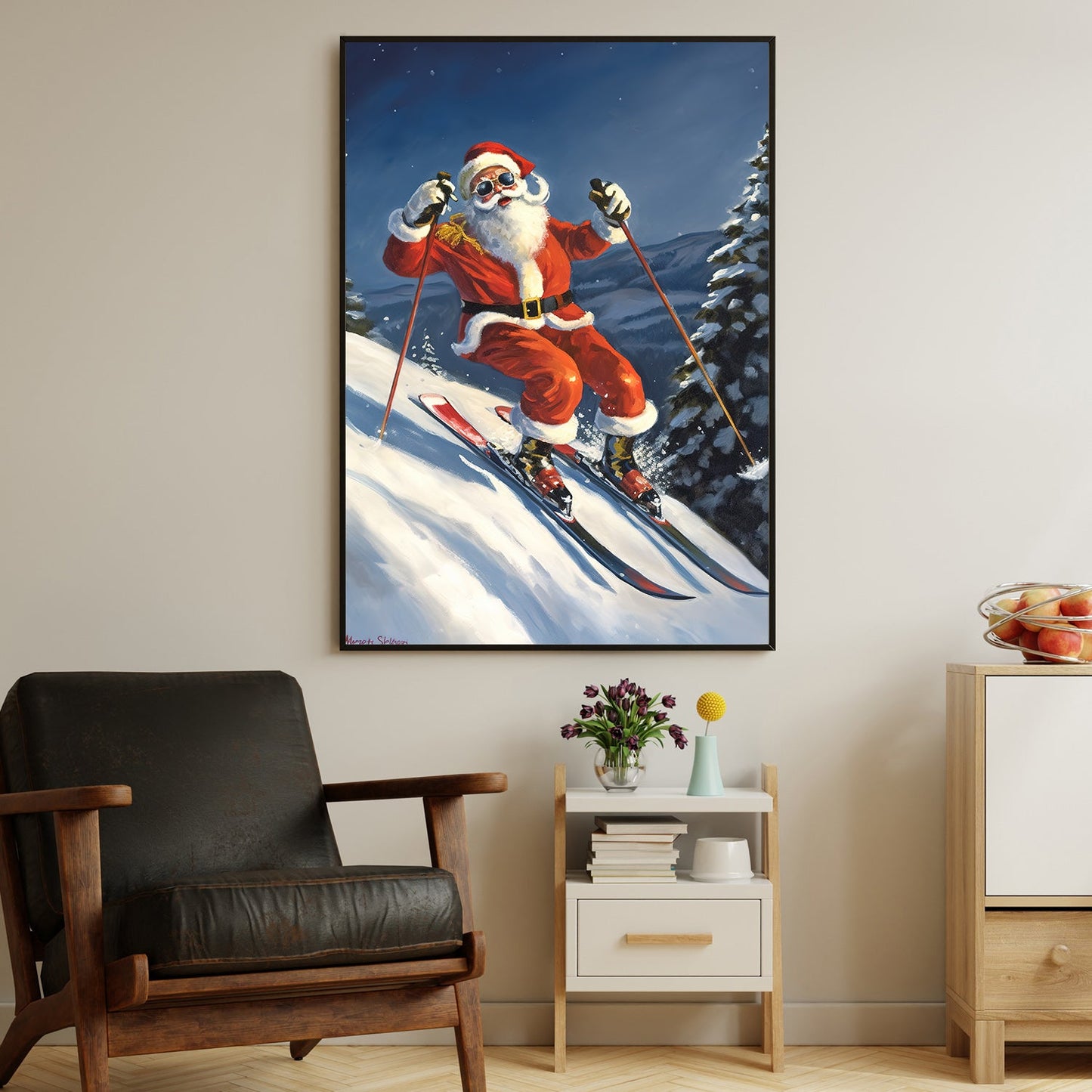 Santa Claus Is Skiing Down a Snowy Slope, Christmas Canvas Painting, Xmas Wall Art Decor - Christmas Poster Gift For Skiing Lovers