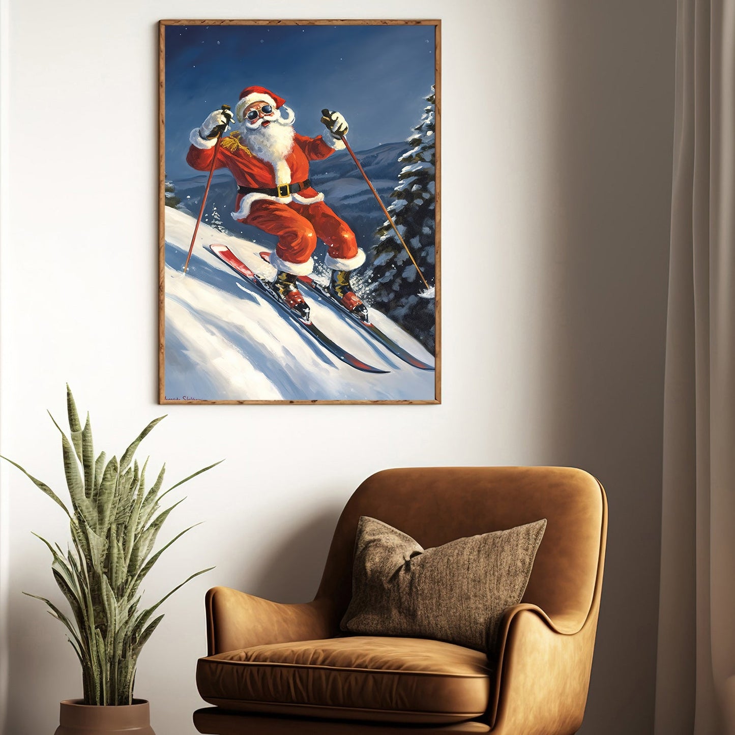 Santa Claus Is Skiing Down a Snowy Slope, Christmas Canvas Painting, Xmas Wall Art Decor - Christmas Poster Gift For Skiing Lovers