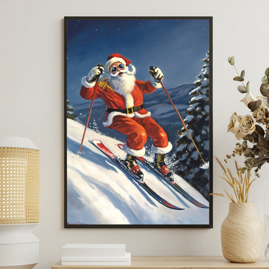 Santa Claus Is Skiing Down a Snowy Slope, Christmas Canvas Painting, Xmas Wall Art Decor - Christmas Poster Gift For Skiing Lovers