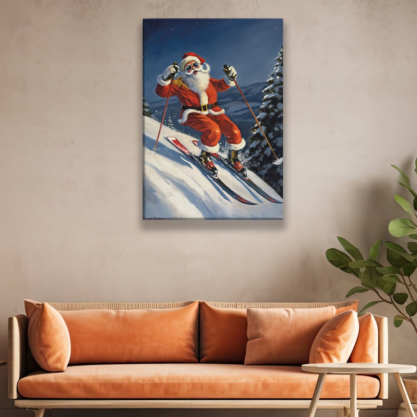 Santa Claus Is Skiing Down a Snowy Slope, Christmas Canvas Painting, Xmas Wall Art Decor - Christmas Poster Gift For Skiing Lovers