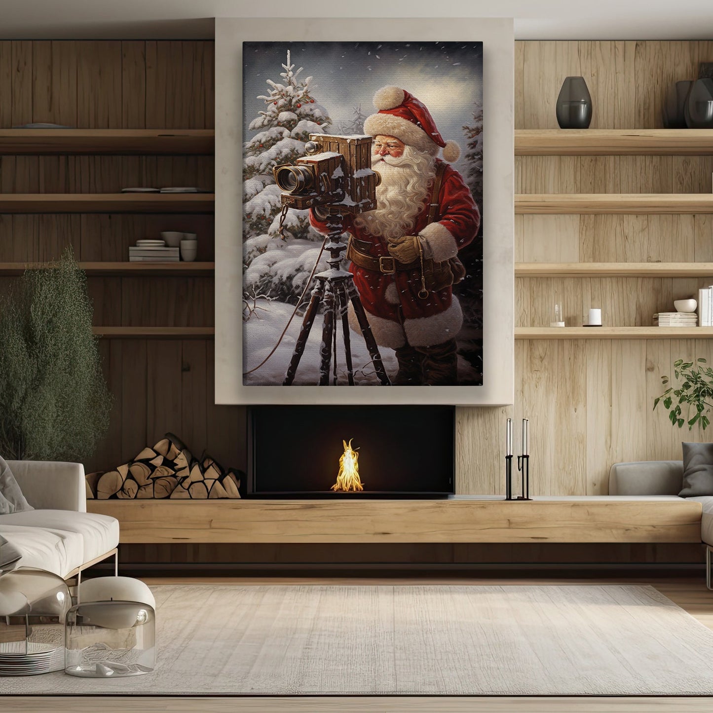 Santa Claus Is Taking A Picture With A Camera On A Tripod, Christmas Canvas Painting, Xmas Wall Art Decor - Christmas Poster Gift For Photograph Lovers