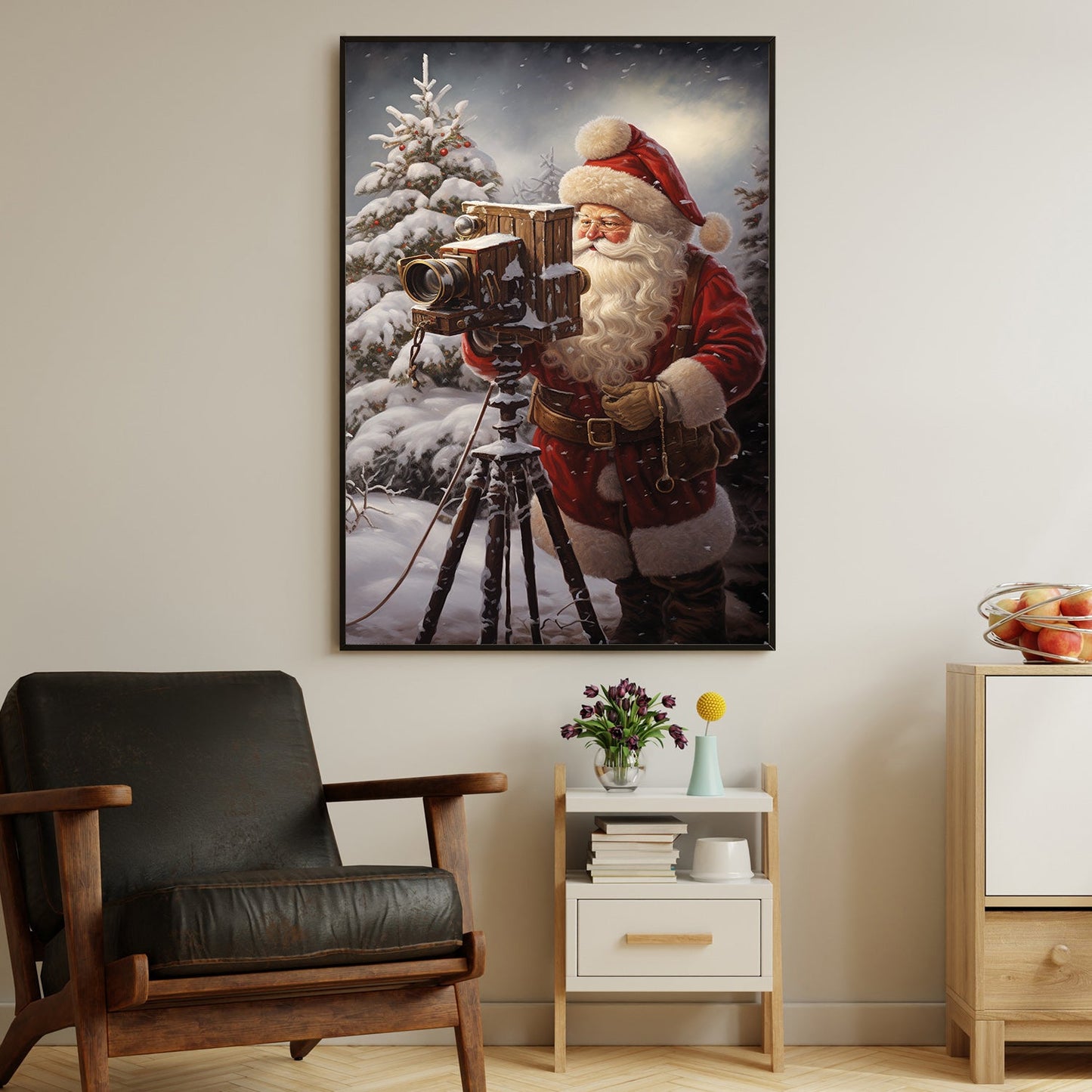 Santa Claus Is Taking A Picture With A Camera On A Tripod, Christmas Canvas Painting, Xmas Wall Art Decor - Christmas Poster Gift For Photograph Lovers