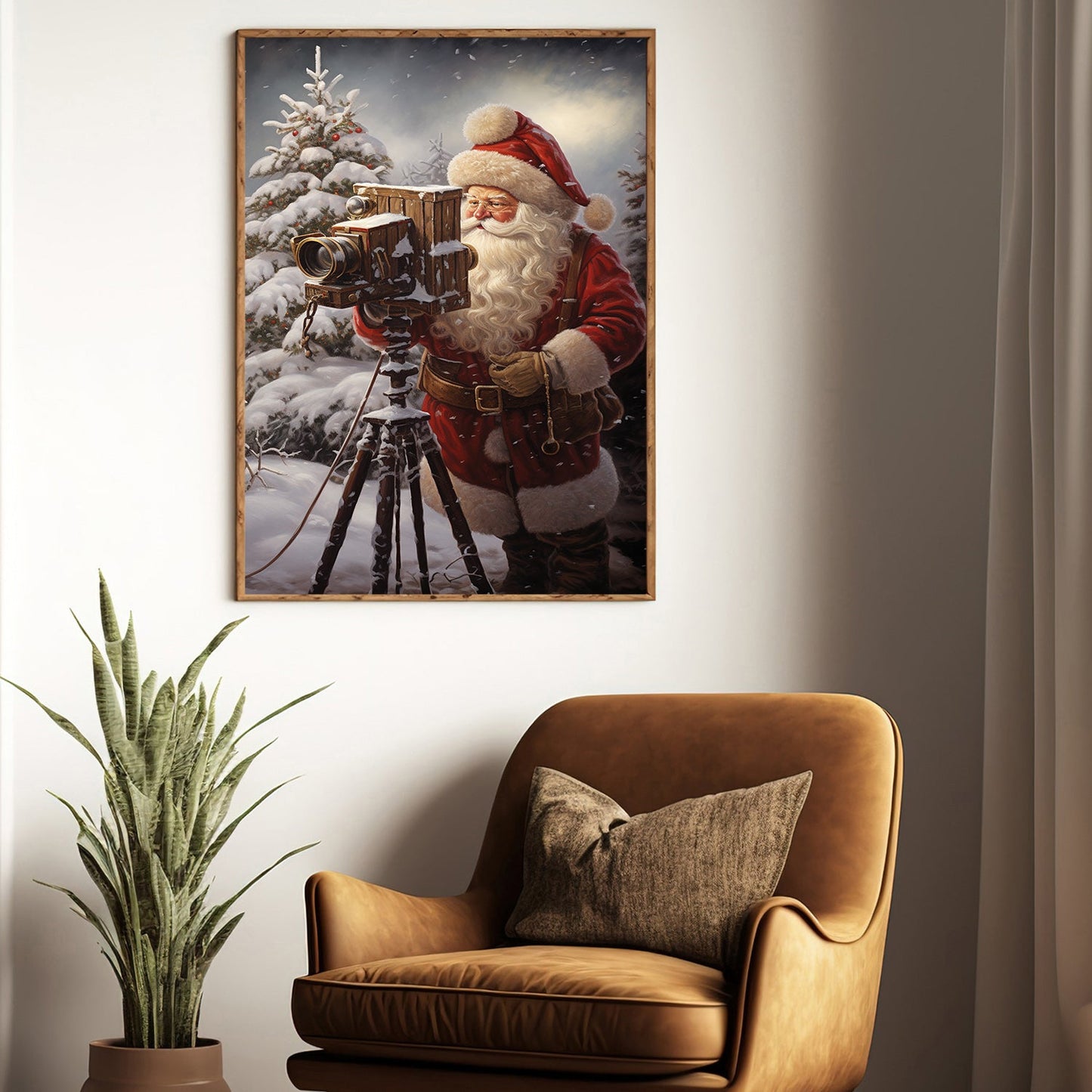 Santa Claus Is Taking A Picture With A Camera On A Tripod, Christmas Canvas Painting, Xmas Wall Art Decor - Christmas Poster Gift For Photograph Lovers