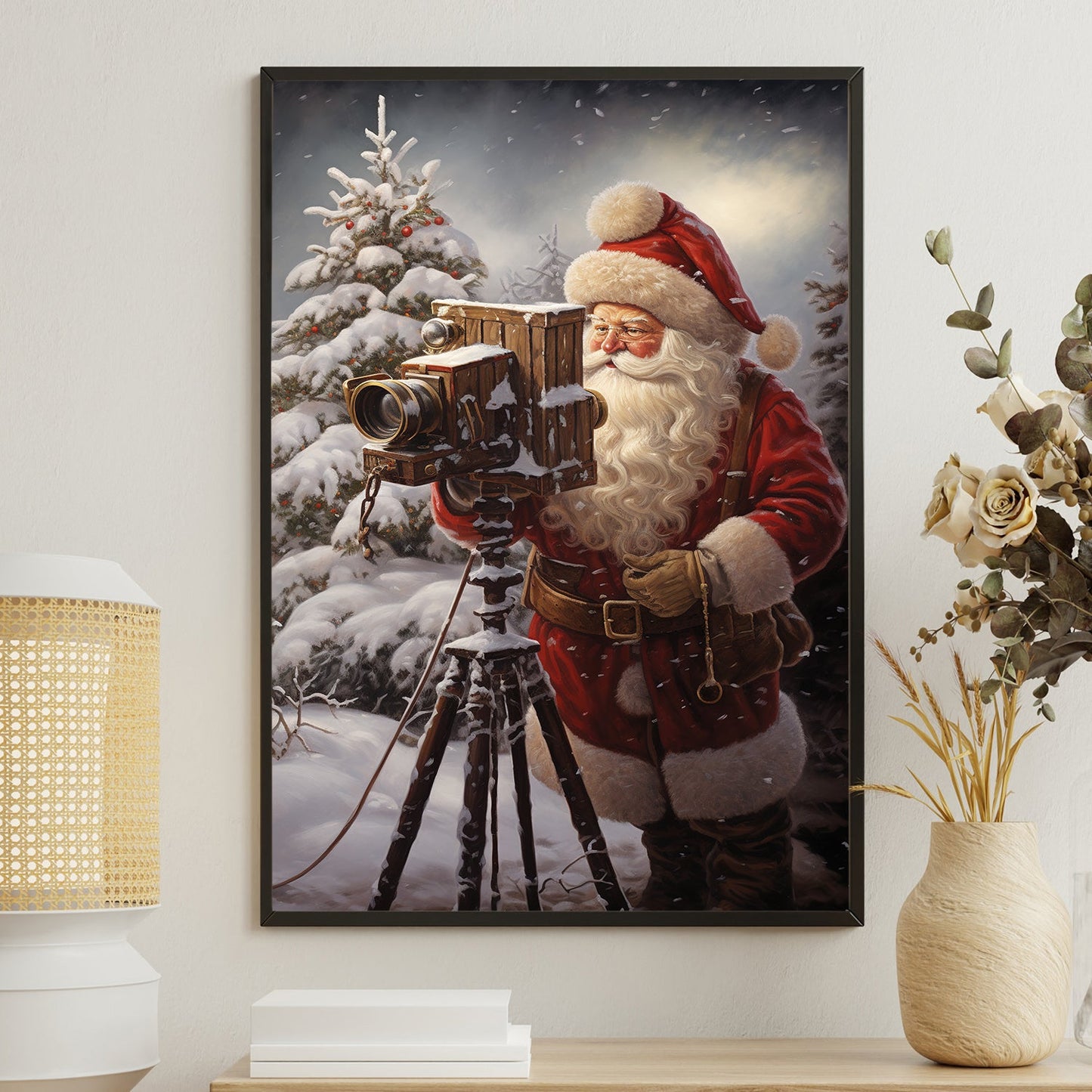 Santa Claus Is Taking A Picture With A Camera On A Tripod, Christmas Canvas Painting, Xmas Wall Art Decor - Christmas Poster Gift For Photograph Lovers