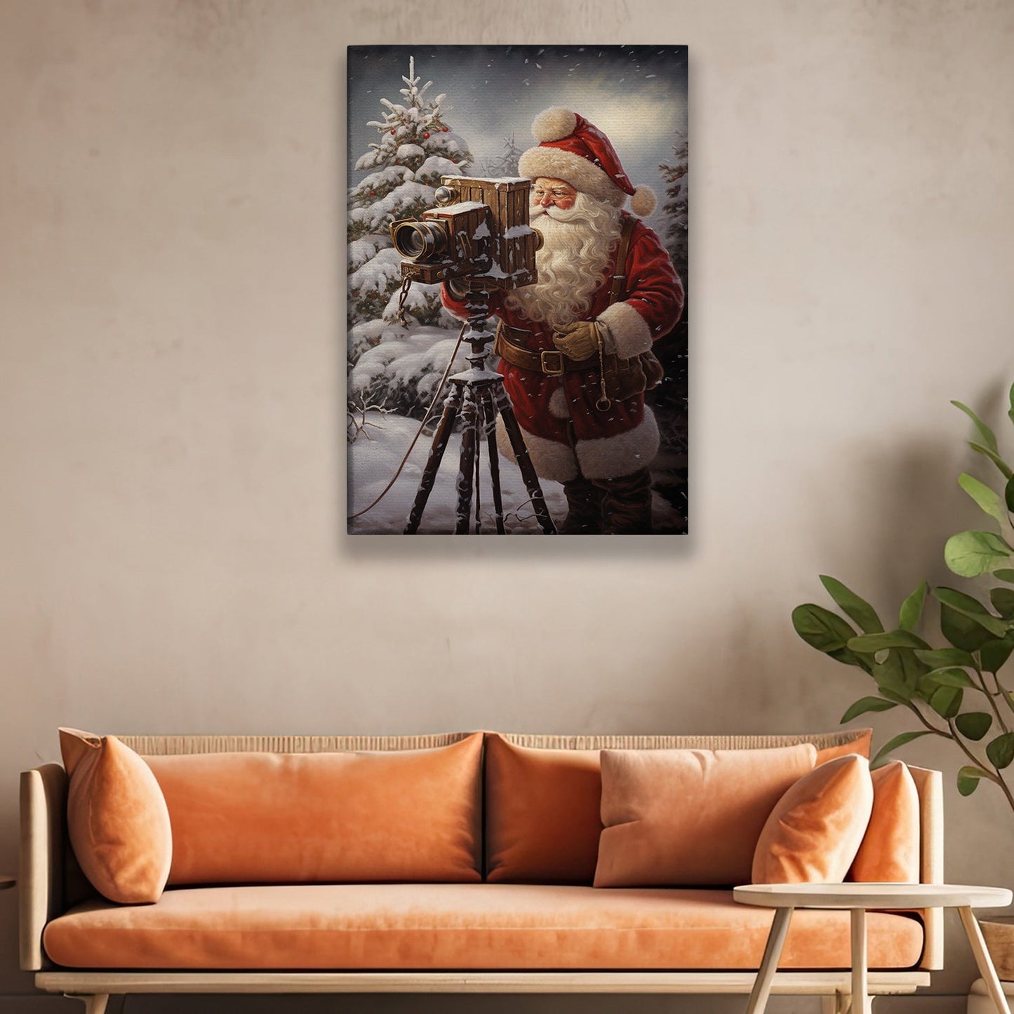 Santa Claus Is Taking A Picture With A Camera On A Tripod, Christmas Canvas Painting, Xmas Wall Art Decor - Christmas Poster Gift For Photograph Lovers