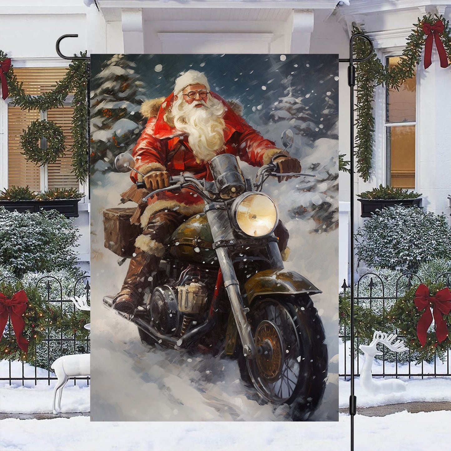 Santa Claus Ride A Motorcycle, Biker Xmas Garden Flag & House Flag, Christmas Flag Gift For Motorcycle Lovers