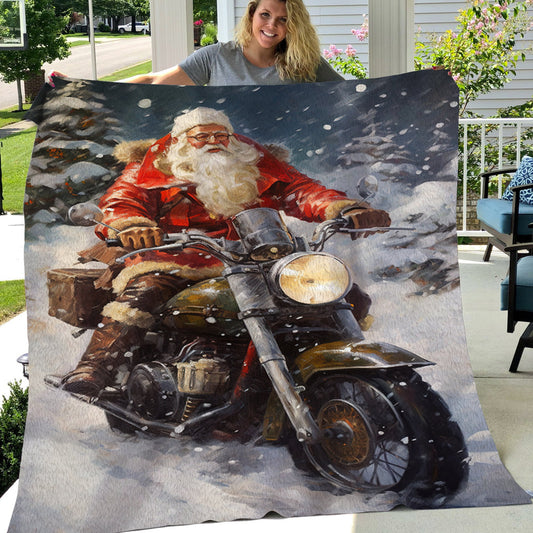 Santa Claus Ride A Motorcycle Christmas, Santa's Xmas Fleece Blanket & Sherpa Blanket Gift