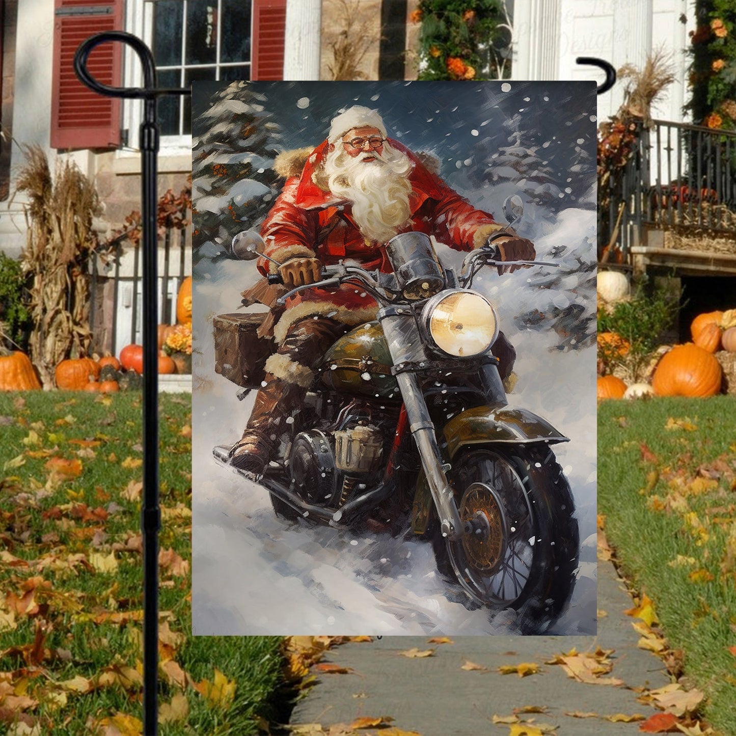 Santa Claus Ride A Motorcycle, Biker Xmas Garden Flag & House Flag, Christmas Flag Gift For Motorcycle Lovers