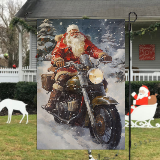 Santa Claus Ride A Motorcycle, Biker Xmas Garden Flag & House Flag, Christmas Flag Gift For Motorcycle Lovers