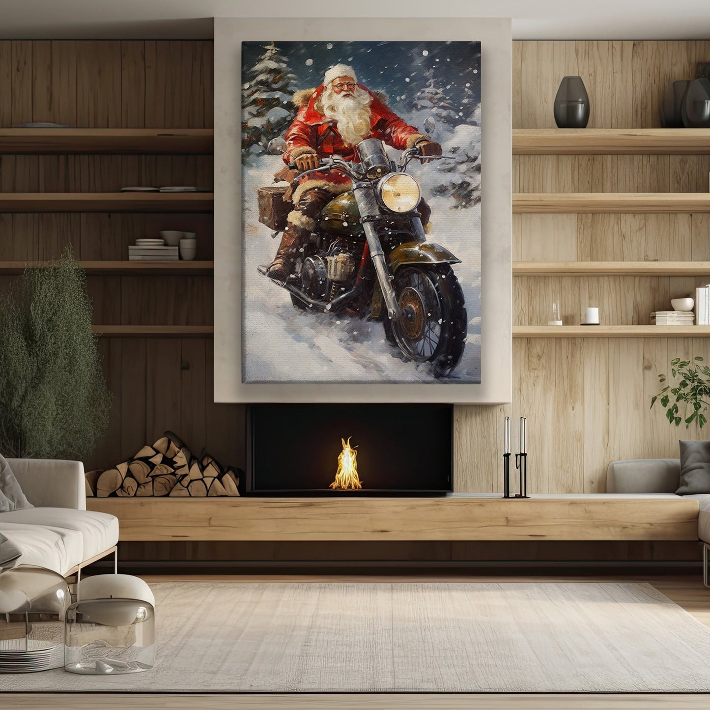 Santa Claus Is Riding A Motorcycle Through A Snowy Forest, Christmas Canvas Painting, Xmas Wall Art Decor - Christmas Poster Gift For Biker Lovers