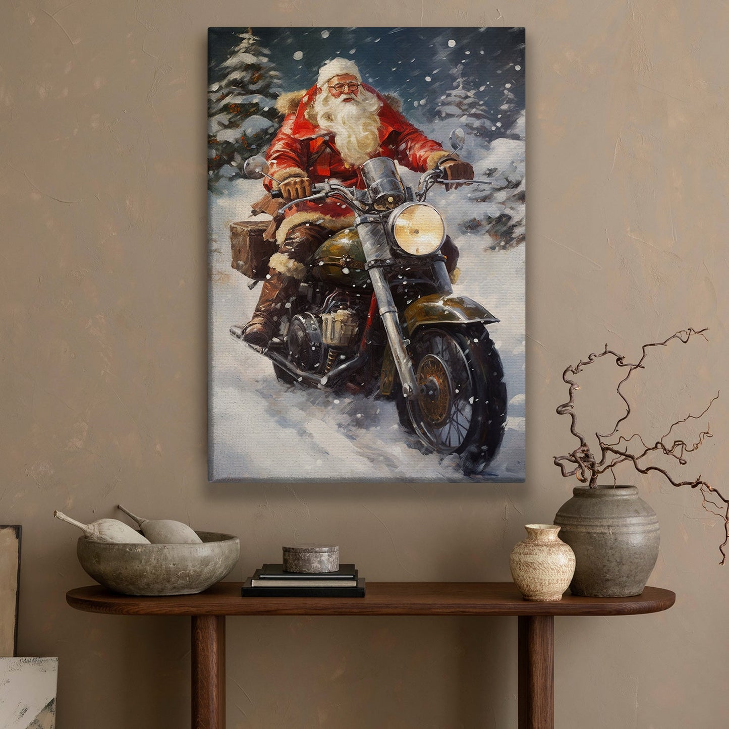 Santa Claus Is Riding A Motorcycle Through A Snowy Forest, Christmas Canvas Painting, Xmas Wall Art Decor - Christmas Poster Gift For Biker Lovers