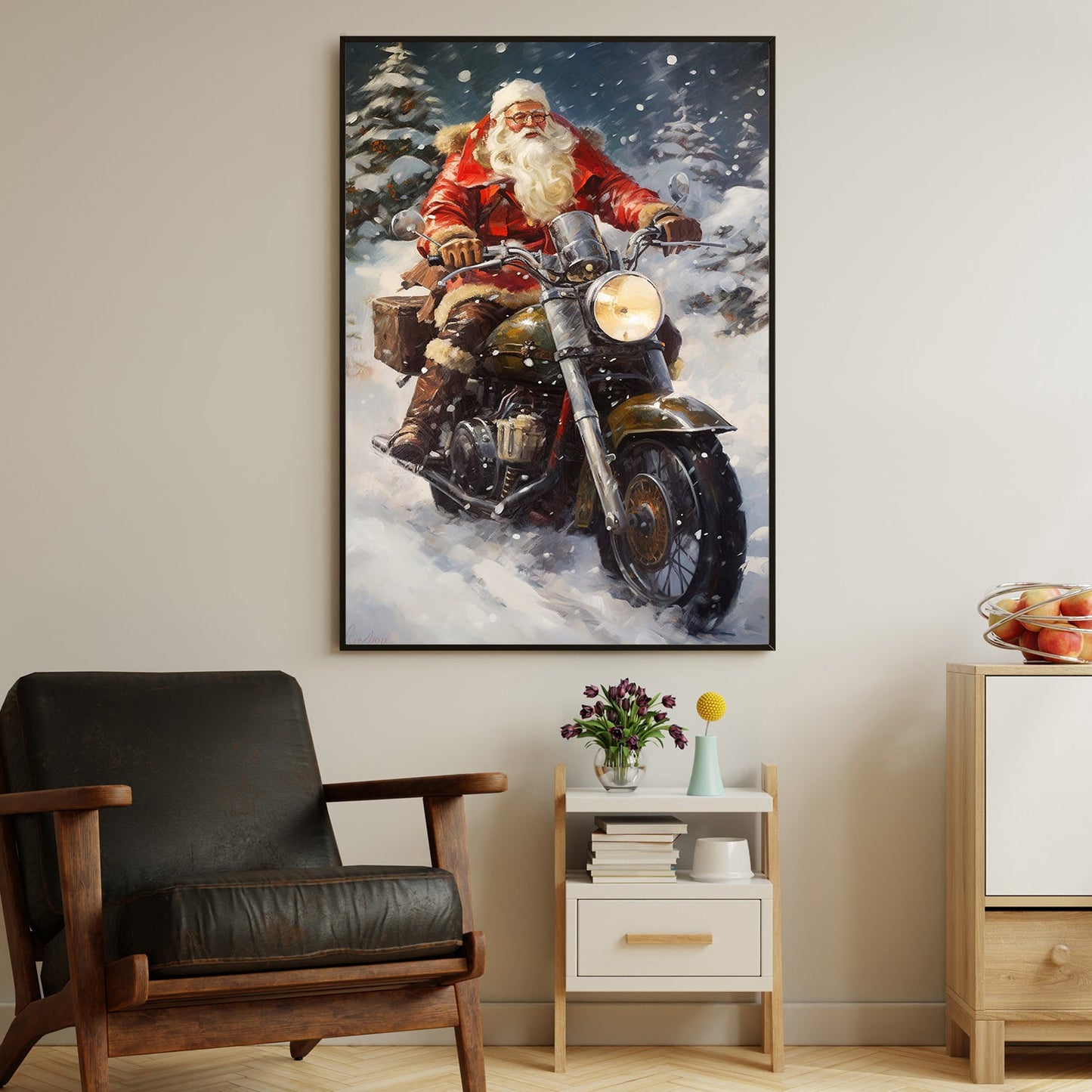 Santa Claus Is Riding A Motorcycle Through A Snowy Forest, Christmas Canvas Painting, Xmas Wall Art Decor - Christmas Poster Gift For Biker Lovers