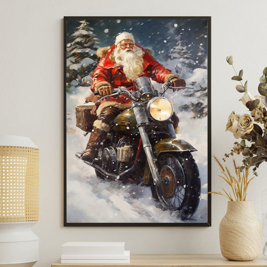 Santa Claus Is Riding A Motorcycle Through A Snowy Forest, Christmas Canvas Painting, Xmas Wall Art Decor - Christmas Poster Gift For Biker Lovers