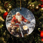 Santa's Winter Ride, Santa Claus Circle Ceramic Ornament Christmas Gift For Biker Lovers