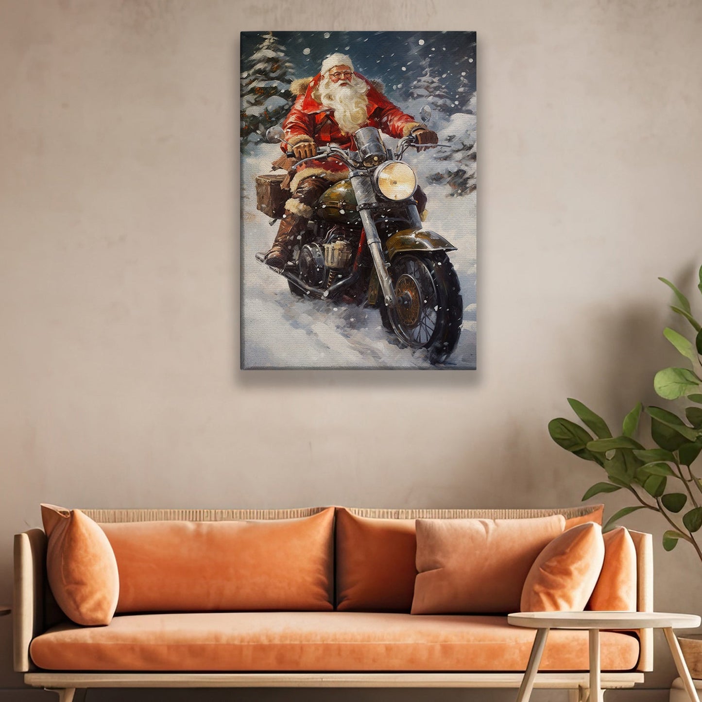 Santa Claus Is Riding A Motorcycle Through A Snowy Forest, Christmas Canvas Painting, Xmas Wall Art Decor - Christmas Poster Gift For Biker Lovers