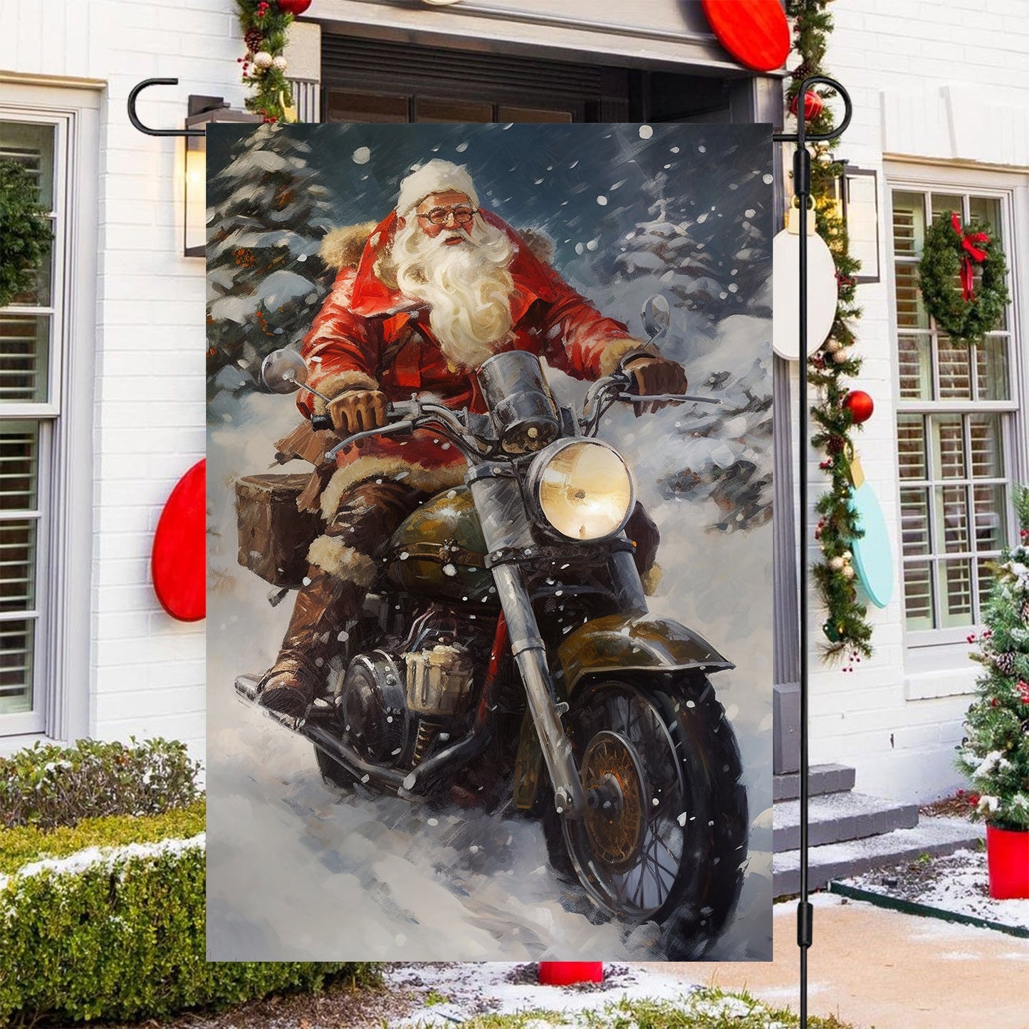 Santa Claus Ride A Motorcycle, Biker Xmas Garden Flag & House Flag, Christmas Flag Gift For Motorcycle Lovers