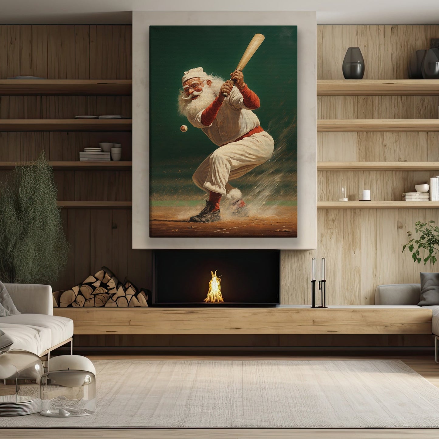 Santa Claus Is Playing Baseball, Christmas Canvas Painting, Xmas Wall Art Decor - Christmas Poster Gift For Baseball Lovers