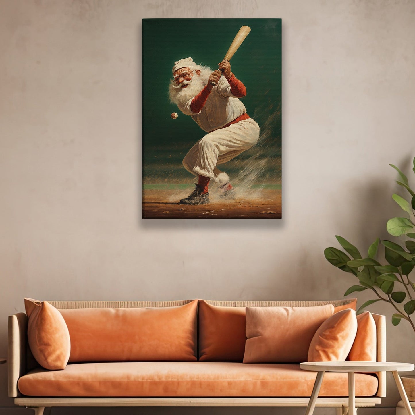 Santa Claus Is Playing Baseball, Christmas Canvas Painting, Xmas Wall Art Decor - Christmas Poster Gift For Baseball Lovers