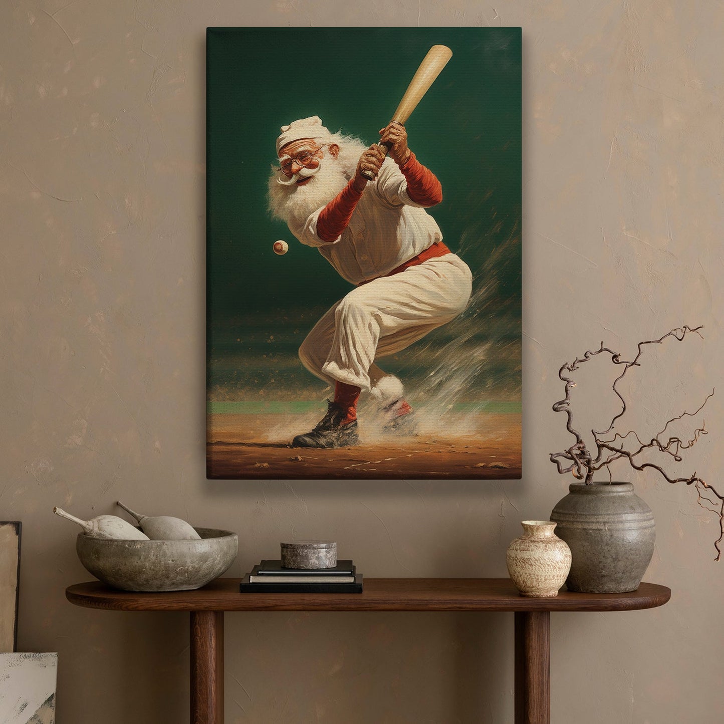 Santa Claus Is Playing Baseball, Christmas Canvas Painting, Xmas Wall Art Decor - Christmas Poster Gift For Baseball Lovers