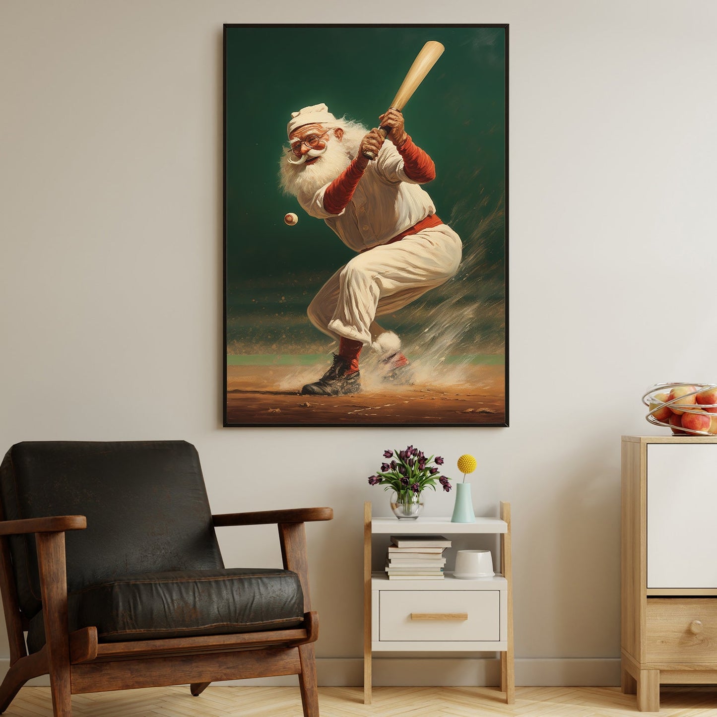 Santa Claus Is Playing Baseball, Christmas Canvas Painting, Xmas Wall Art Decor - Christmas Poster Gift For Baseball Lovers